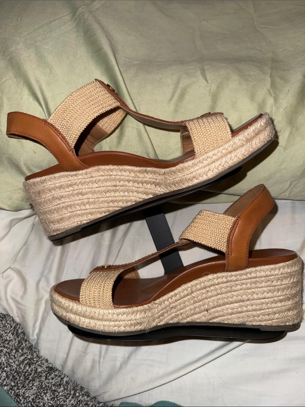 Vionic Tan and Natural Espadrille Wedge Sandals